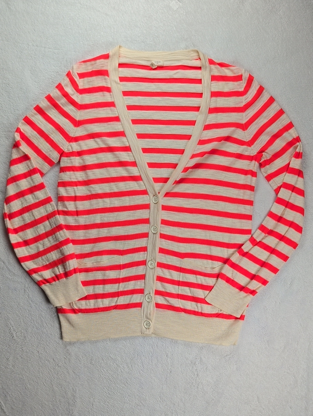 J.Crew Factory Striped V-Neck Pocket Cardigan Orange Cream Size M
